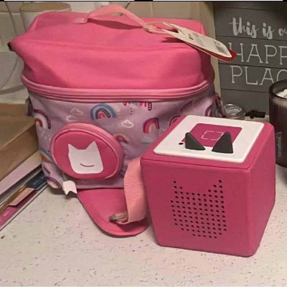 Pink Toniebox with Rainbow case